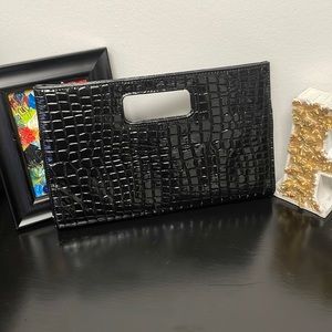 Black Croc Embossed Handle Clutch